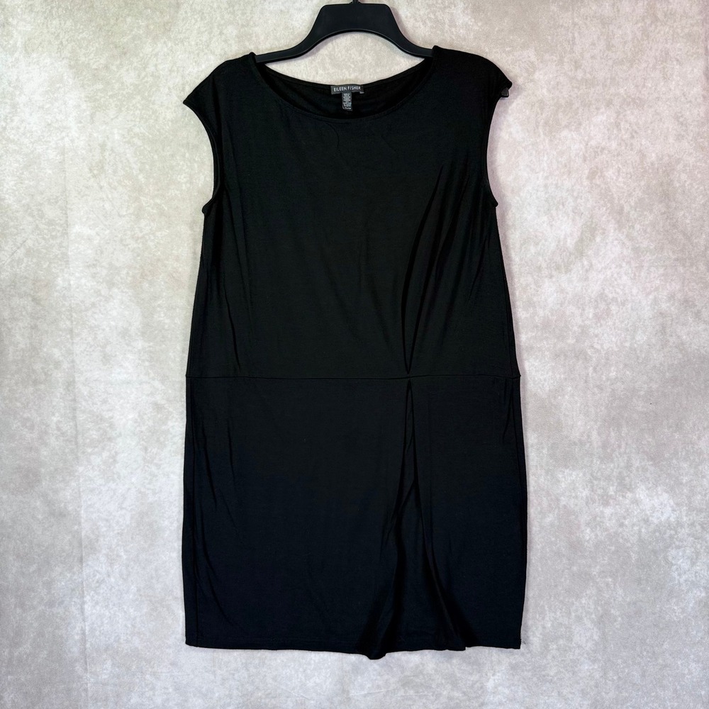 Eileen Fisher Shift Dress Women XS Black Solid Cap Sleeve Boat Neck Jersey Chic